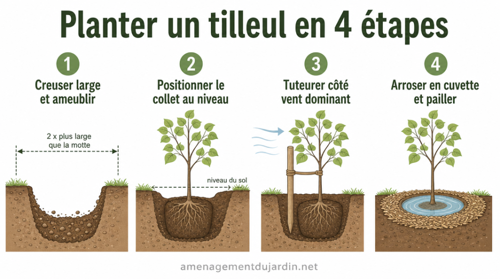 Infographie claire des étapes clés pour planter un tilleul