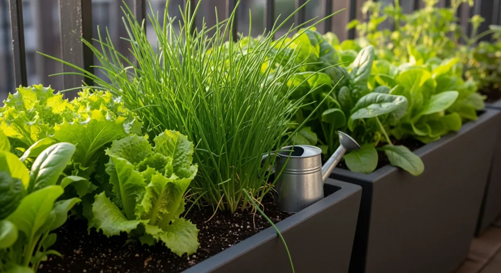 Bacs profonds avec salades et ciboulette sur balcon