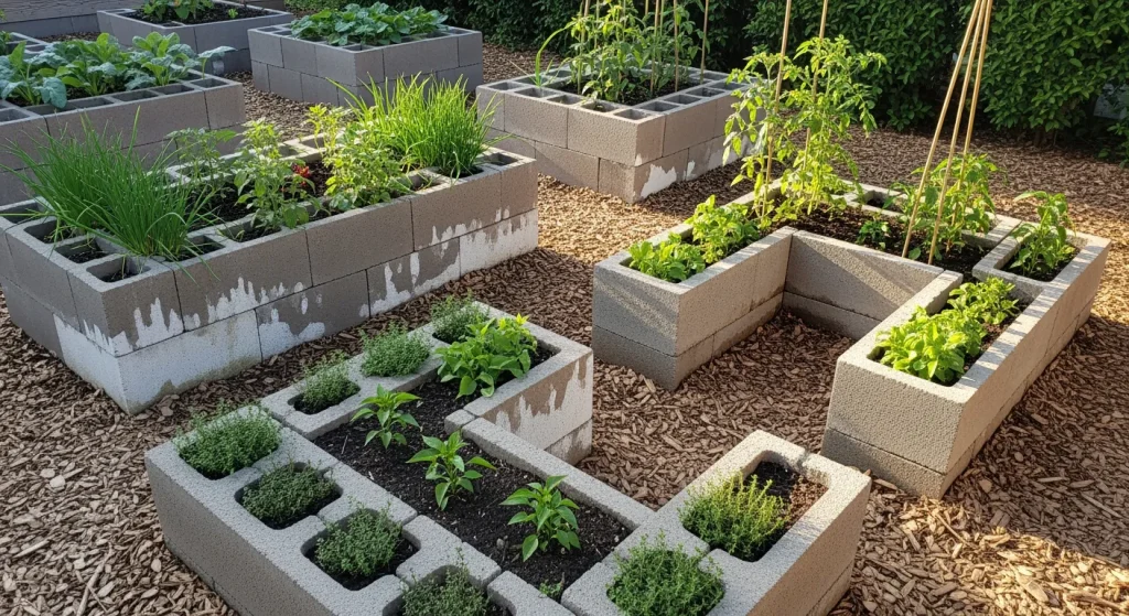 Bacs en parpaings avec aromatiques et légumes