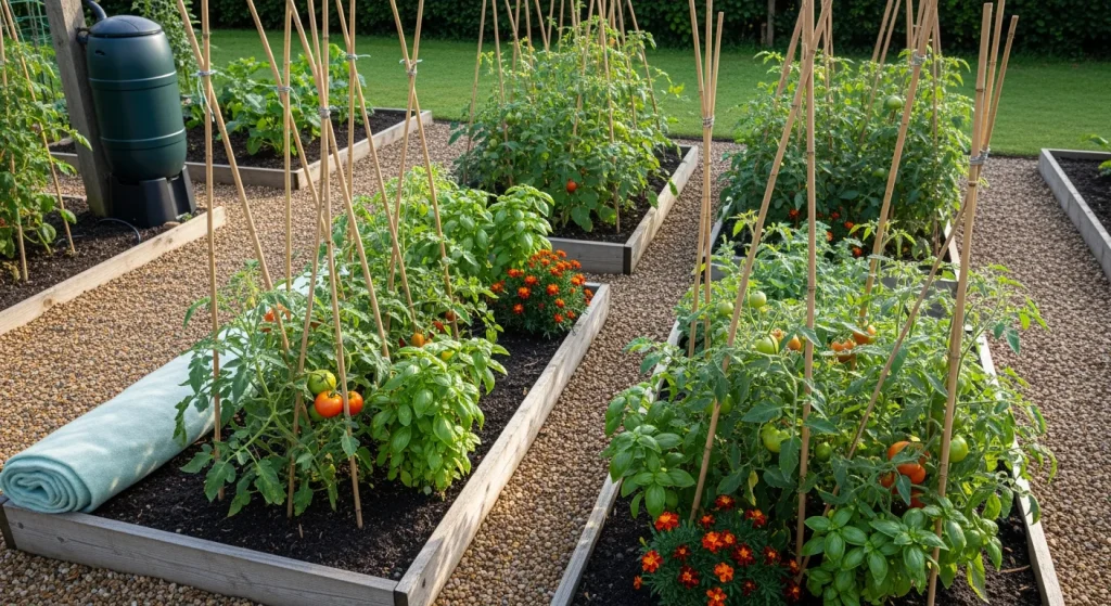 Carré potager avec tomates mûrissantes et abri léger