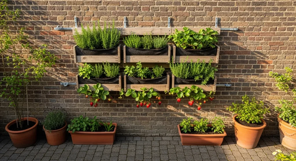 Cagettes fixées au mur avec aromatiques et fraisiers