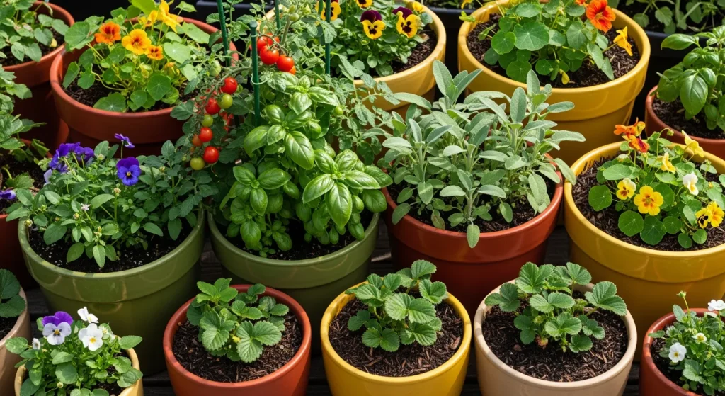 Pots colorés groupés avec plantes comestibles sur terrasse