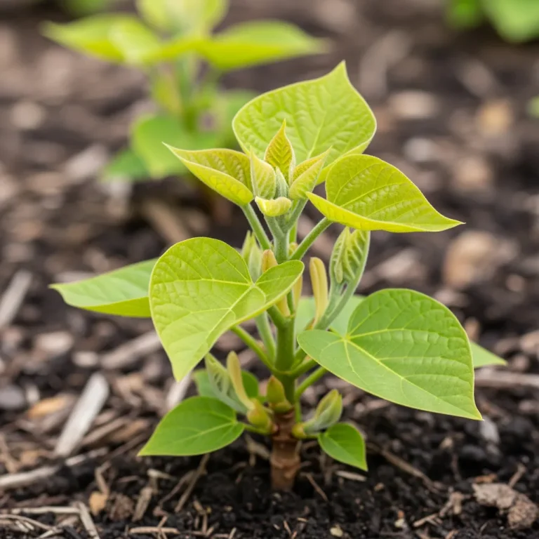 Jeunes pousses vert tendre de catalpa en fin de printemps