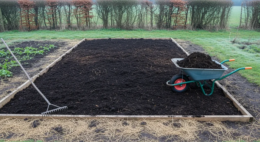 Parcelle potagère amendée au compost, lit de paille léger