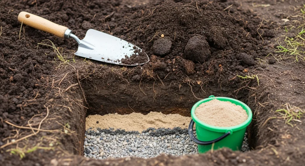 Trou de plantation avec couche drainante et sable