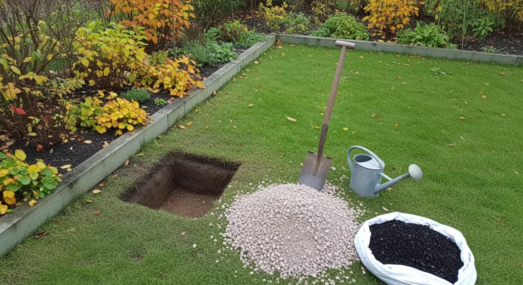 Trou de plantation avec gravier et outils de jardin prêts