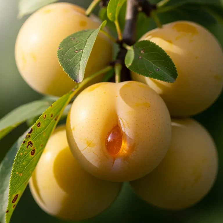 Gros plan de prunes jaunes dorées avec pruine au verger