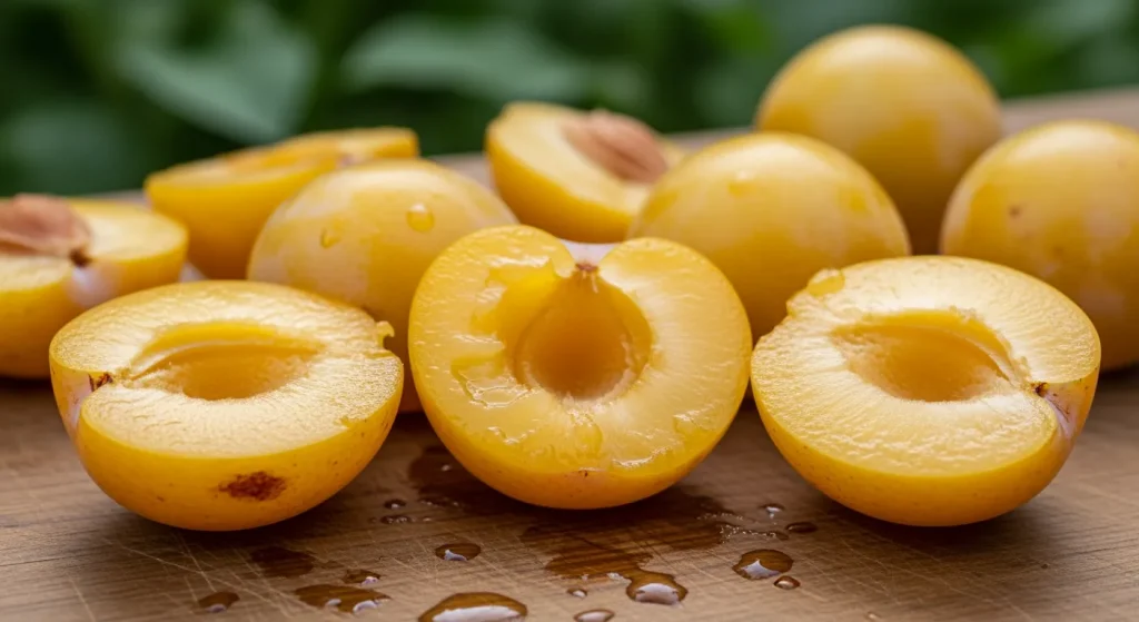 Prunes jaunes tranchées montrant une chair dorée et juteuse