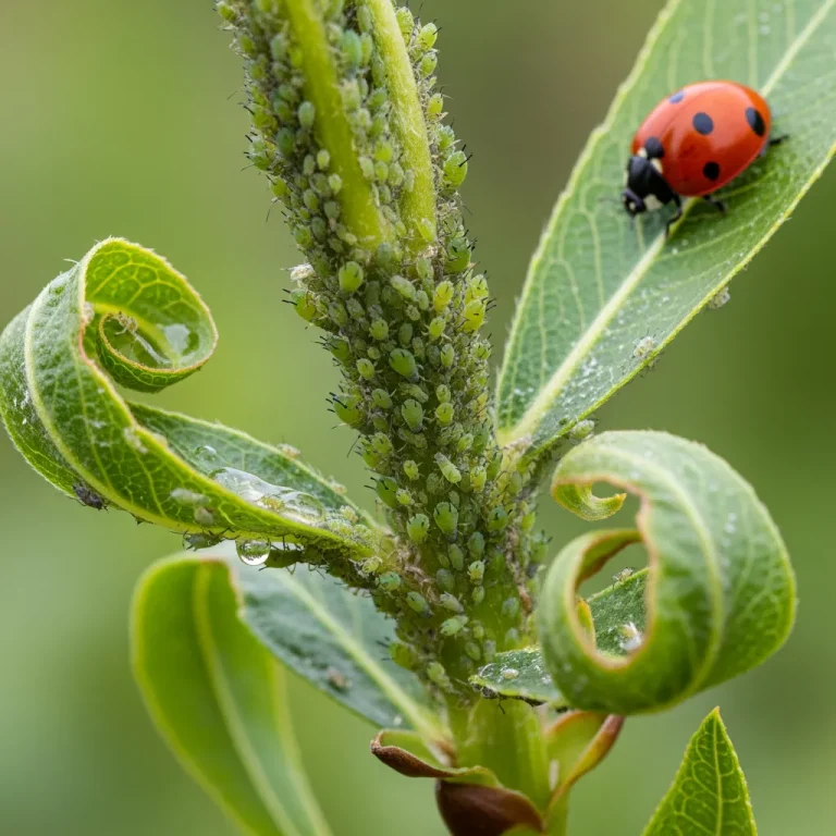 Pucerons sur jeune tige avec miellat et feuilles enroulées