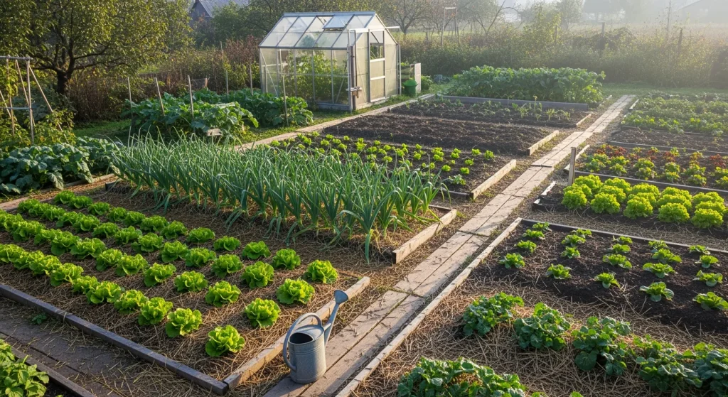 Potager d’automne avec salades, poireaux et paillage