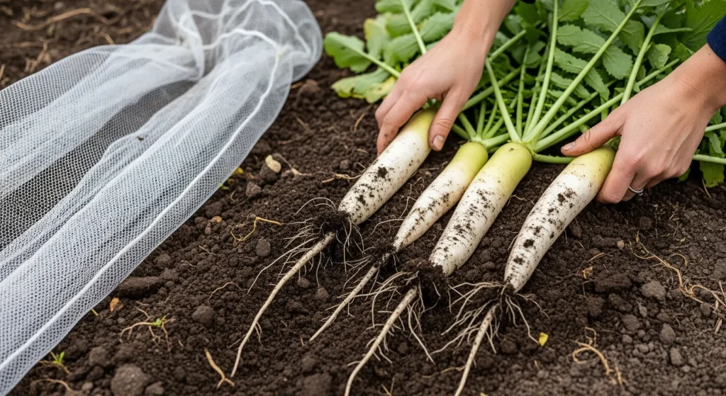 Radis daikon allongés fraîchement arrachés
