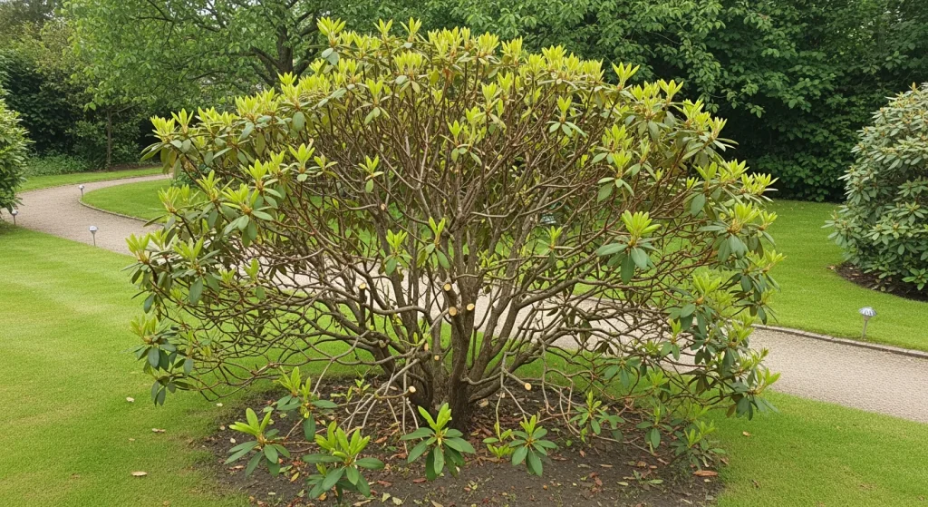 Vieux rhododendron raccourci avec rejets en reprise