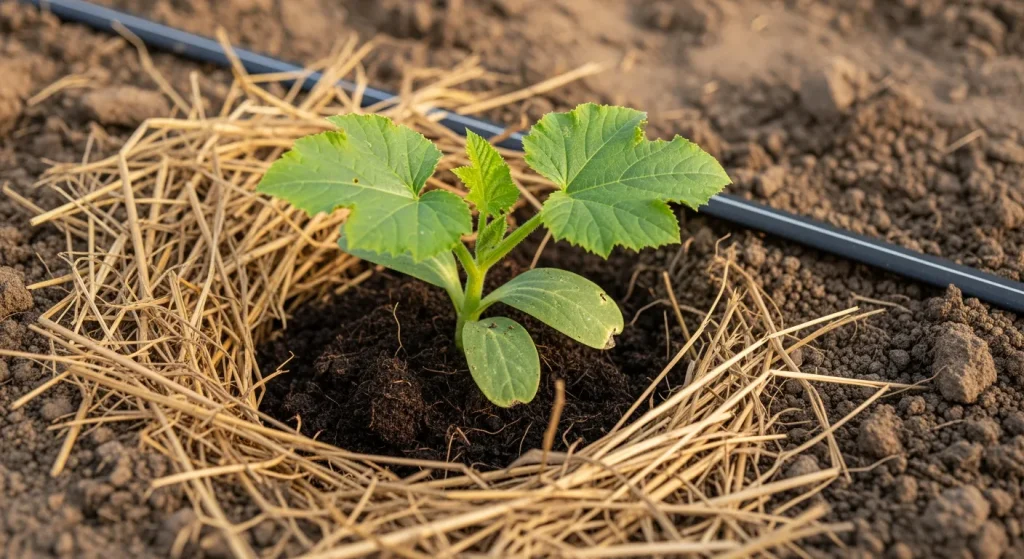 Jeune plant repiqué au niveau du collet, paillage de paille