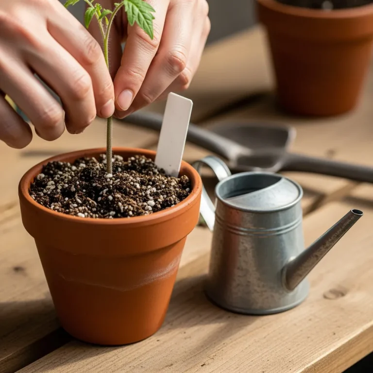Jeune plant de tomate repiqué en godet, tige enterrée jusqu’aux cotylédons