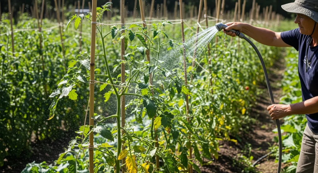 Rinçage à l’eau claire sur feuilles de tomates palissées