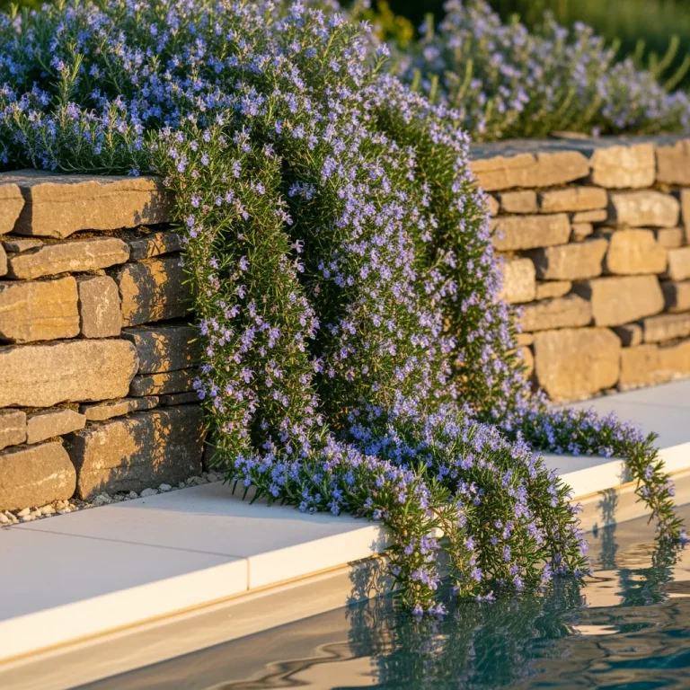 Romarin rampant en cascade avec petites fleurs bleues près de la margelle