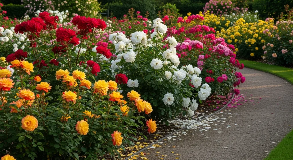 Roses rouges, blanches, roses, jaunes et orange en bordure