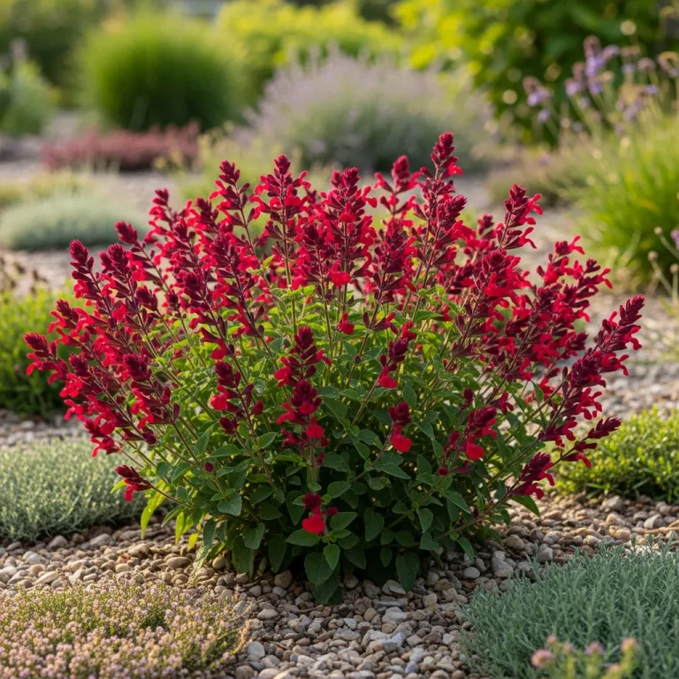 Fleurs rouge sombre de Royal Bumble sur port buissonnant