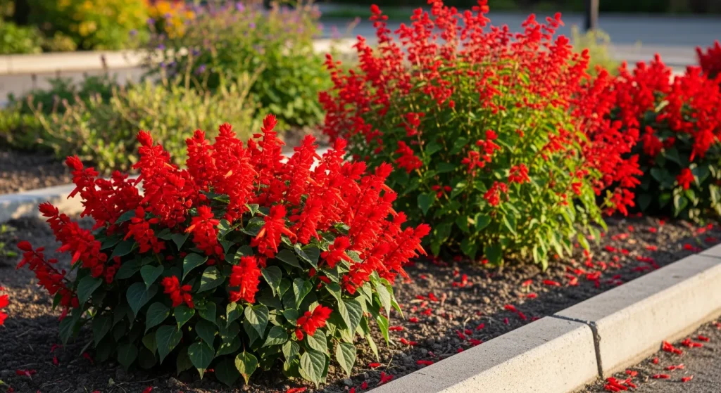 Salvia splendens compacte et sauge arbustive rouge en arrière-plan