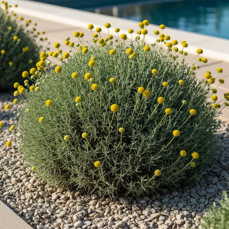 Coussins de santoline gris avec petites fleurs jaunes en bordure