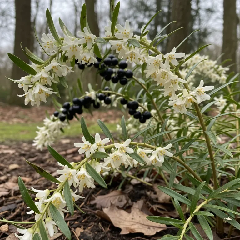 Fleurs hivernales blanches de sarcococca dans un sous-bois