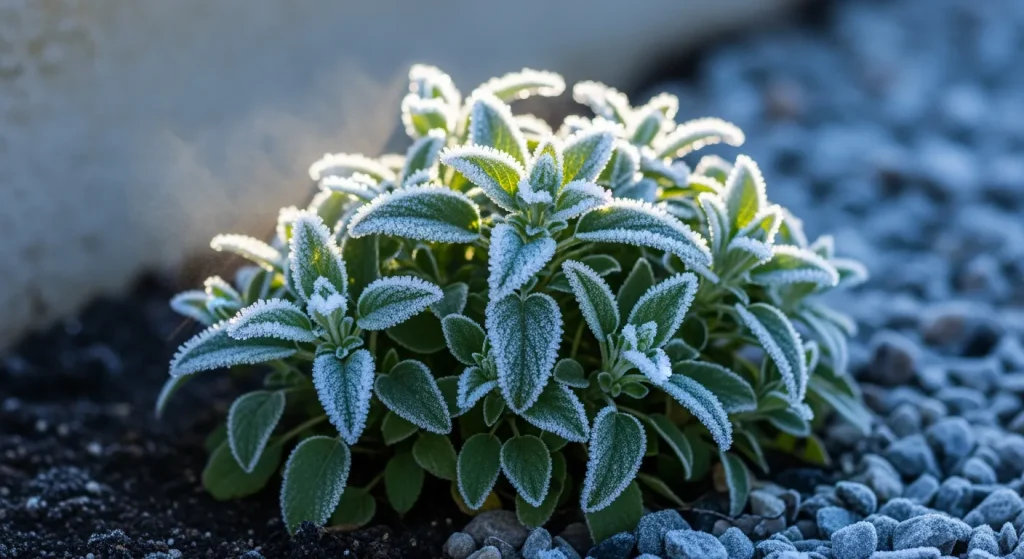 Feuillage de sauge microphylla givré sur paillage minéral