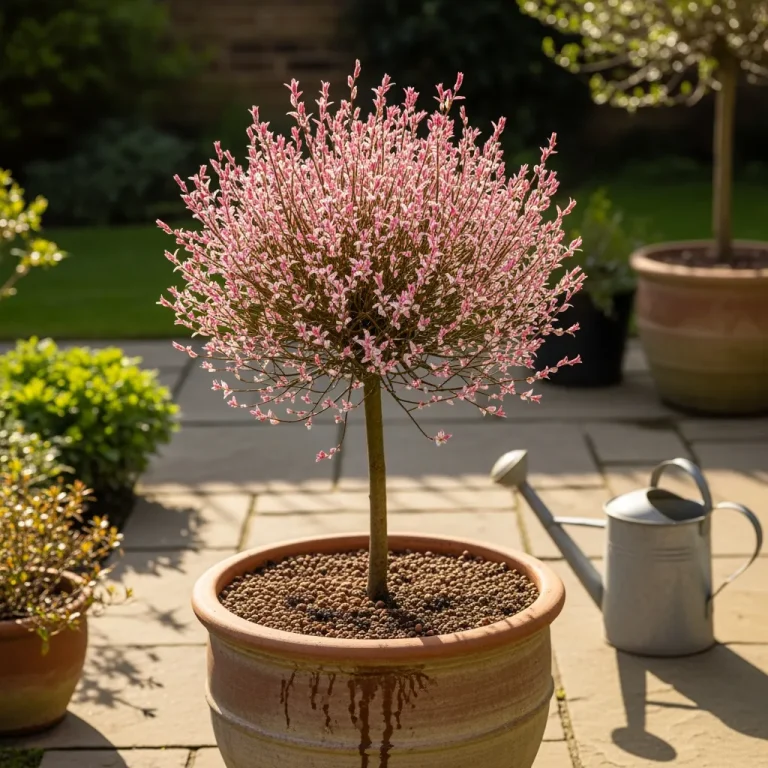 Petit saule en pot avec jeunes pousses rosées