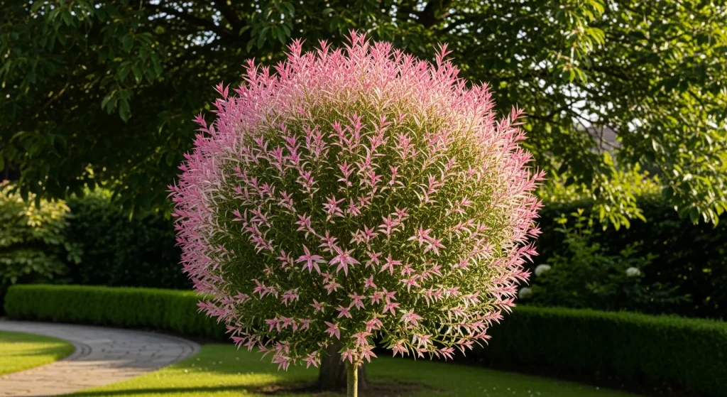 Saule compact en lisière ombragée près d’une allée