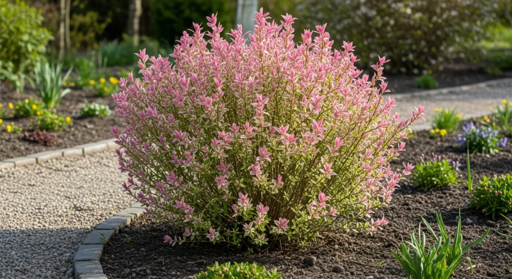 Petit saule à feuillage rose et blanc en bord de massif