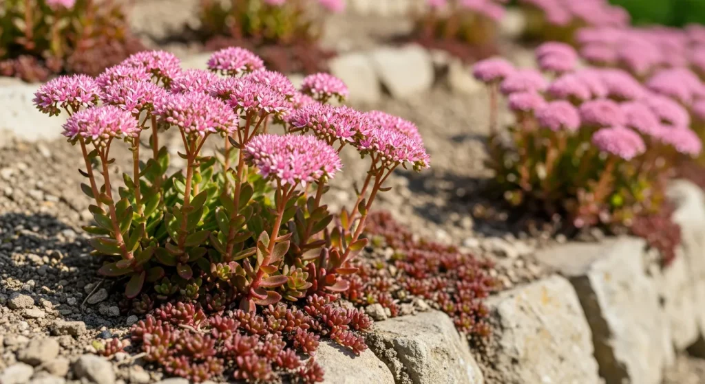 Couvre-sol d’orpin rose sur talus pierreux ensoleillé