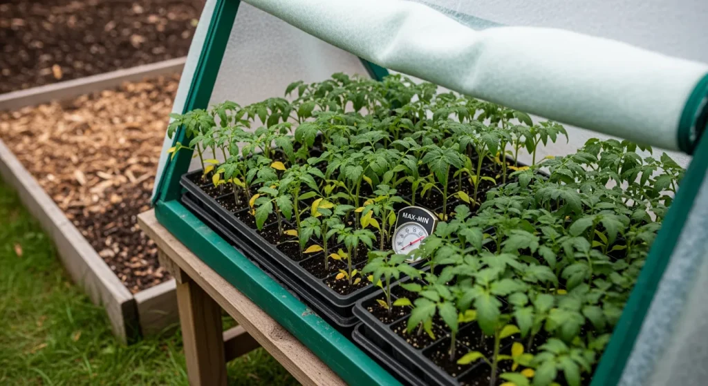 Jeunes plants de tomate sous châssis entrouvert