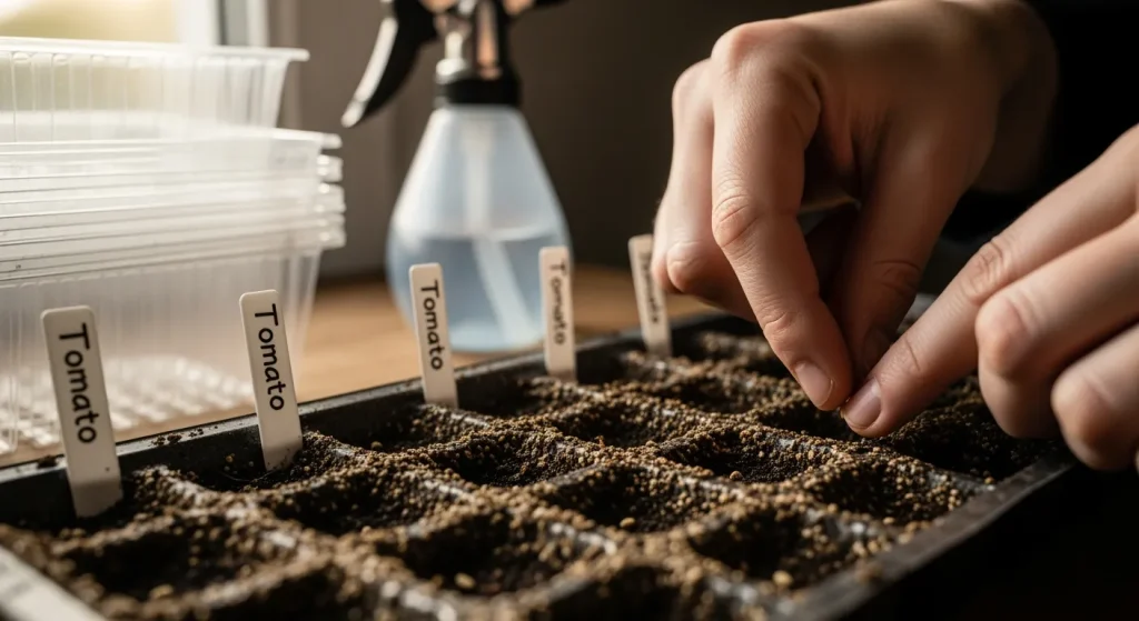 Doigts plaçant des graines de tomate dans des sillons peu profonds