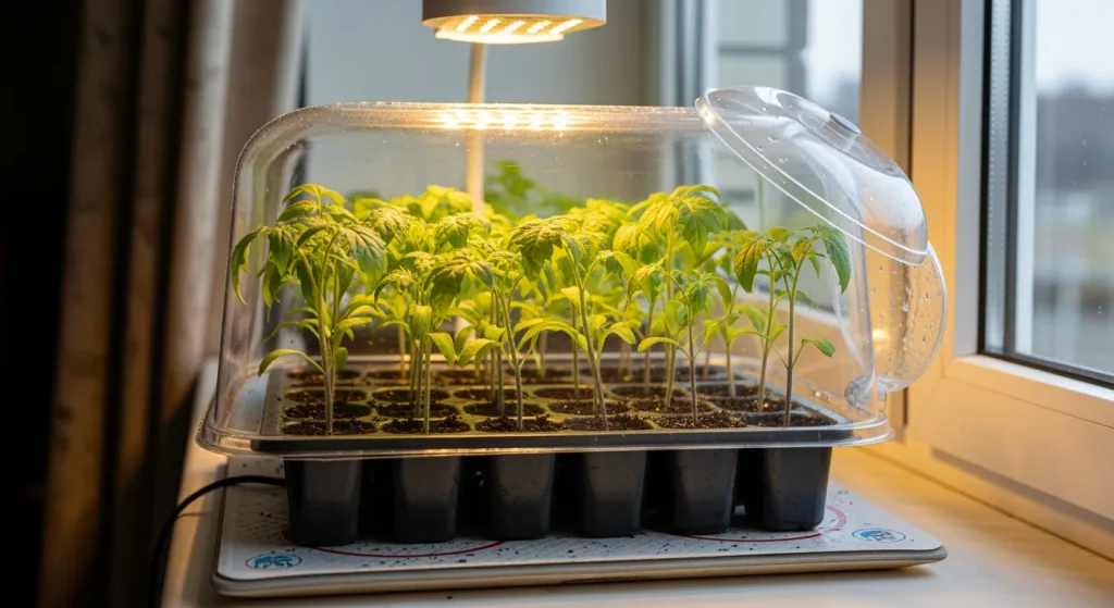 Plateau de semis sous lampe près d’une fenêtre, dôme entrouvert pour aération