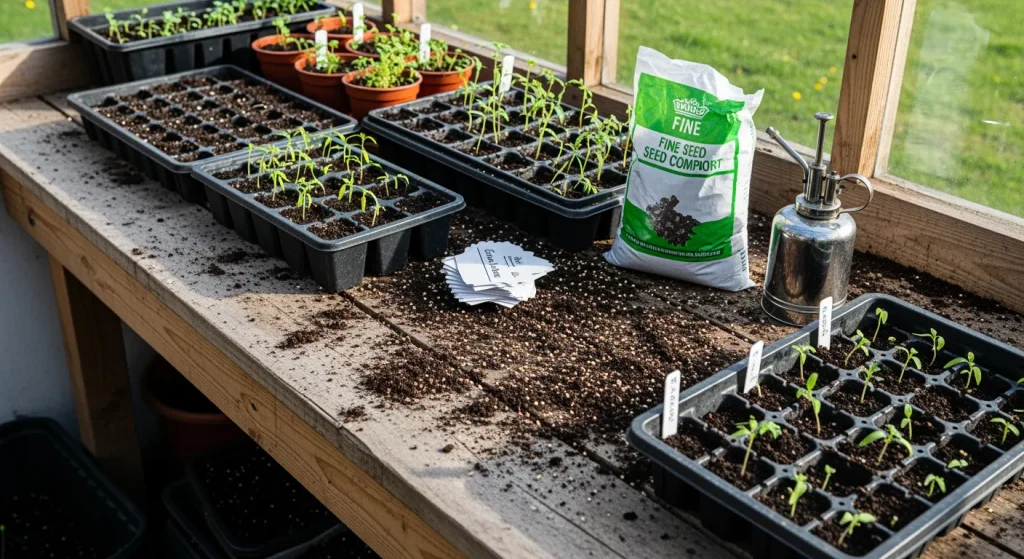 Établi de serre avec plateau de semis de tomates en préparation