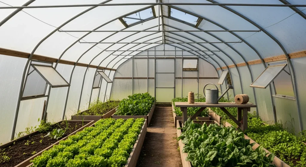 Serre aérée abritant salades et épinards d’automne
