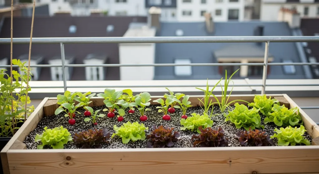 Table-potager en bois avec radis et jeunes salades