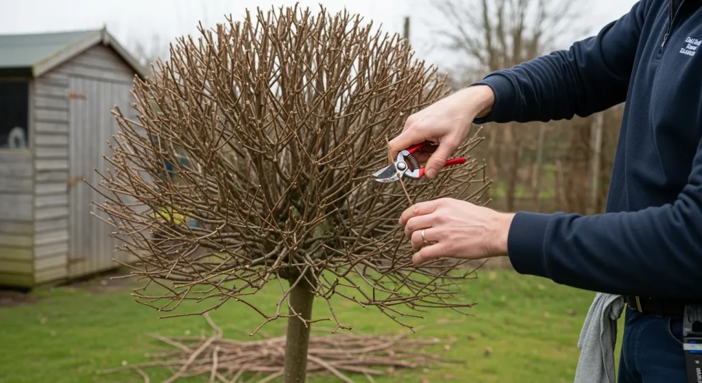 Taille sur bourgeon extérieur avec sécateur propre sur catalpa