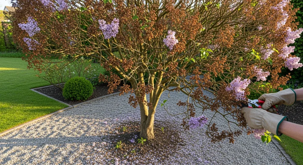 Jardinier taillant un lilas après la floraison, coupe nette