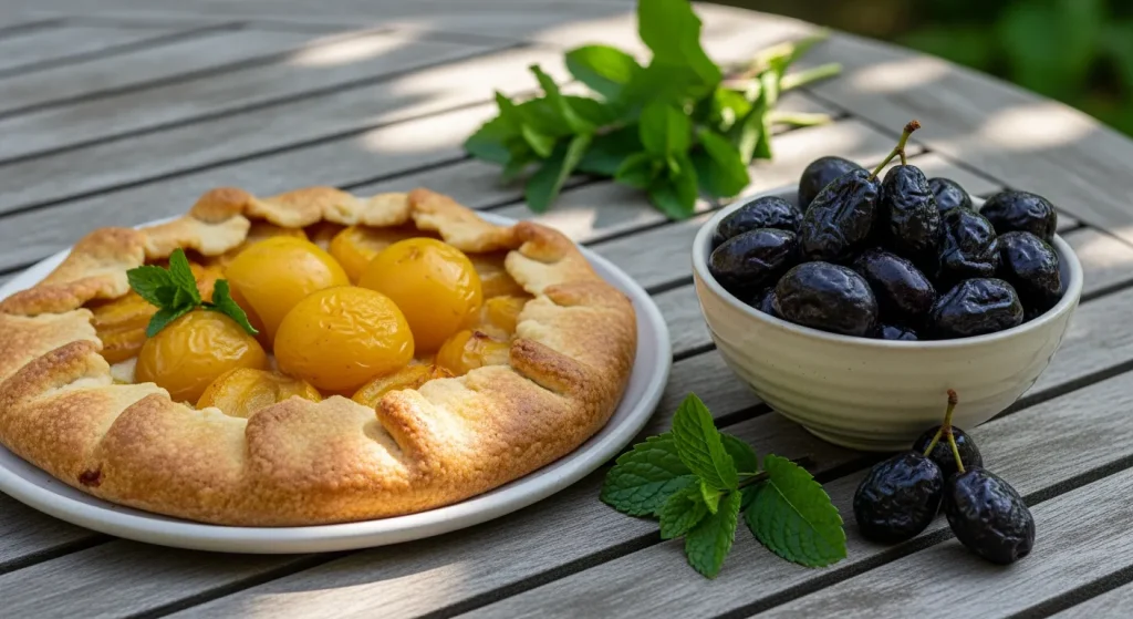 Tarte rustique aux prunes jaunes sur table de jardin ombragée