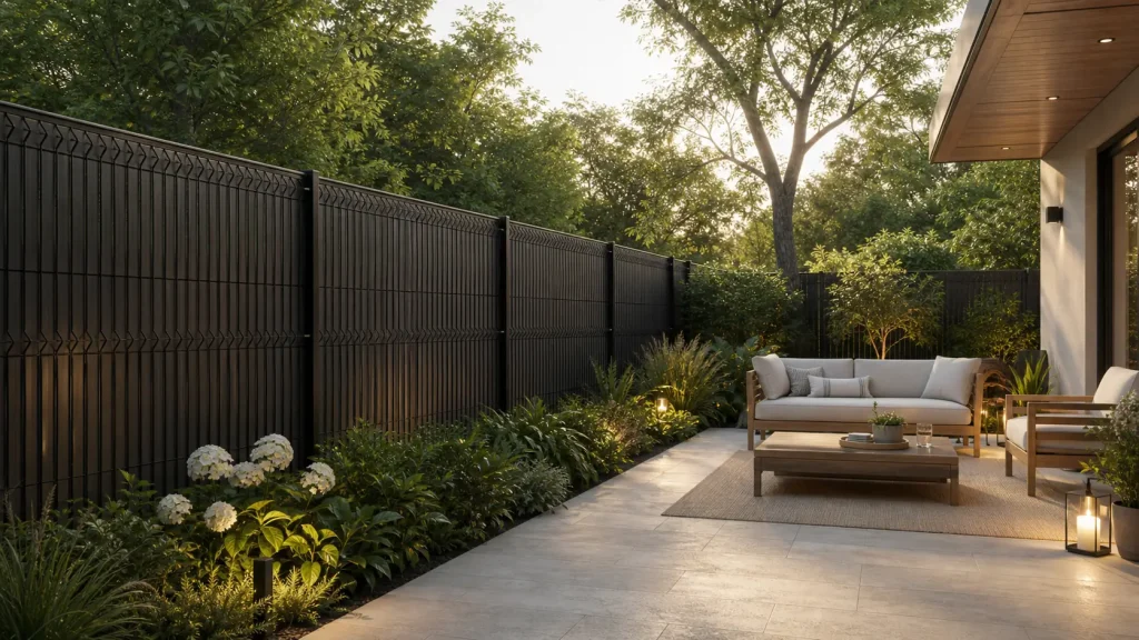 Terrasse moderne avec clôture à occultants noirs et mobilier extérieur bois