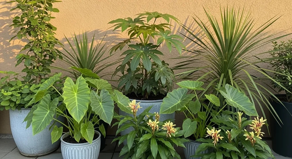 Grands pots exotiques près d’un mur chaud en fin d’été