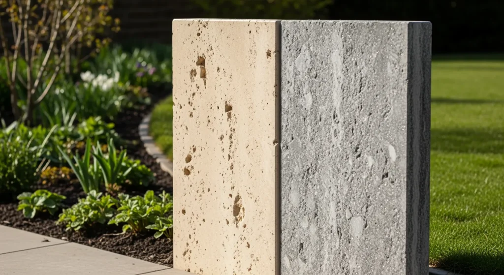 Panneaux de travertin et de quartzite montrant leurs textures