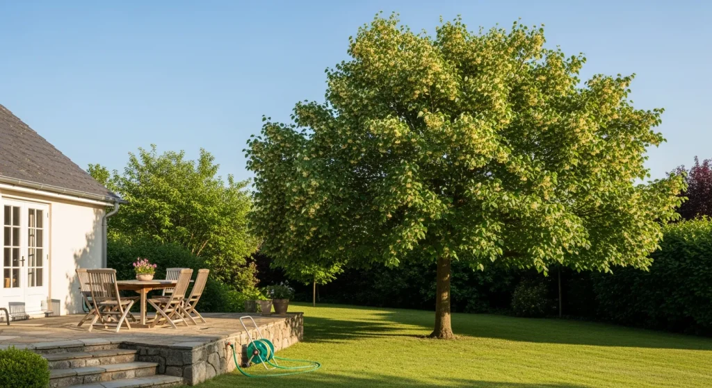 Tilleul mature ombrageant une terrasse en début d’été