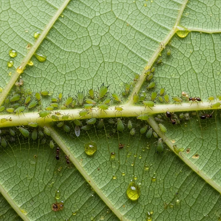 Colonie de pucerons et miellat brillant sous une feuille de tilleul