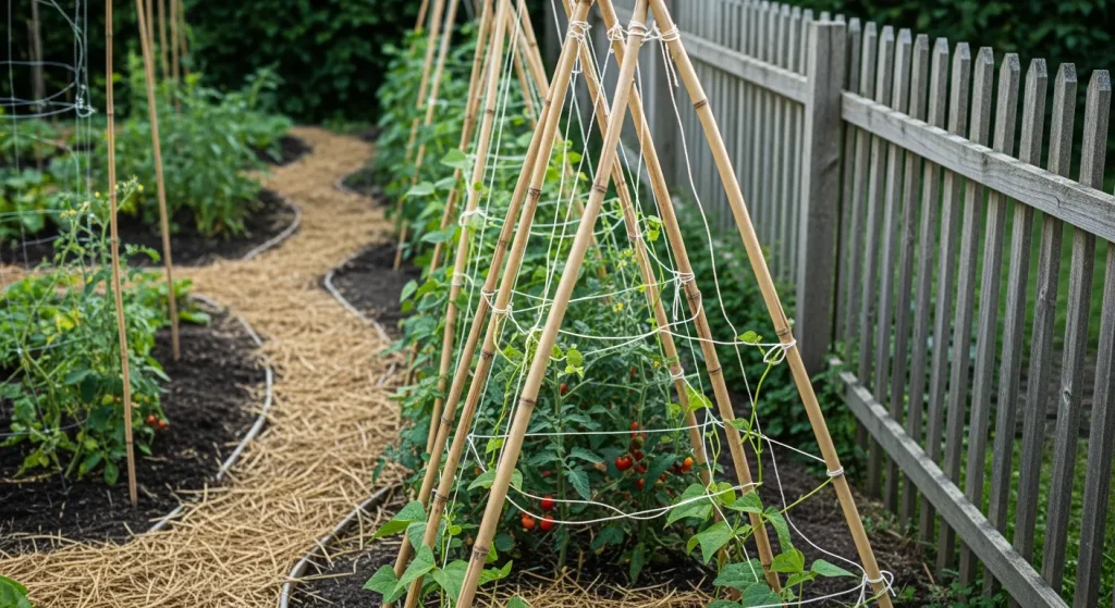 Tipi de bambou avec haricots grimpants au potager