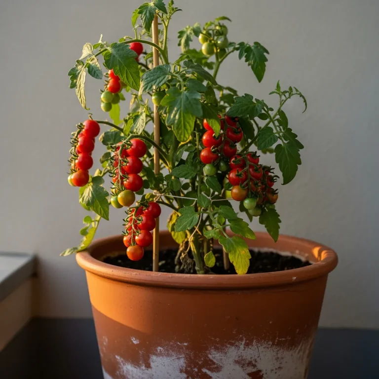 Petit plant de tomate en pot avec grappes rouges