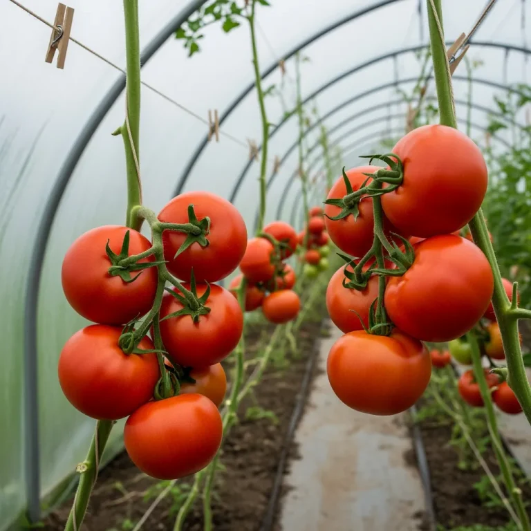 Tomates rouges rondes uniformes sous abri