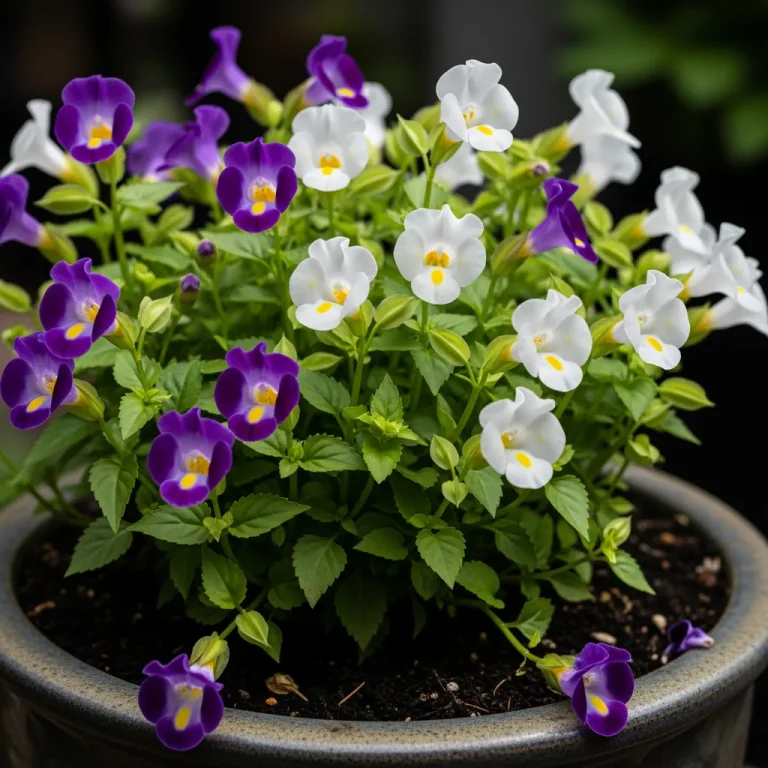 Torenia aux fleurs violettes et blanches en pot ombragé