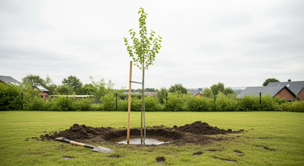Jeune tilleul avec tuteur et cuvette d’arrosage après plantation