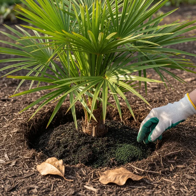 Granulés et compost au pied d’un palmier nain